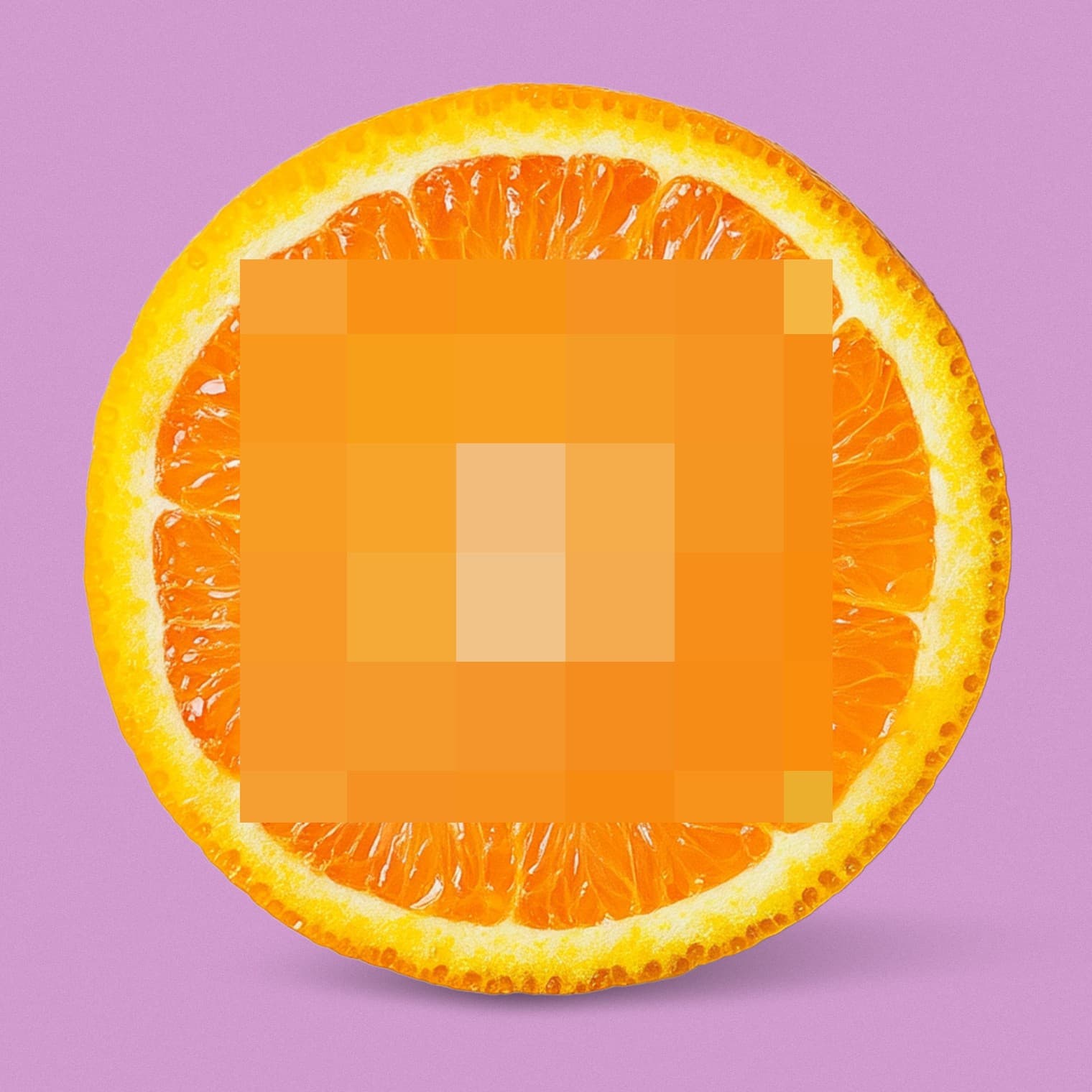 Orange sliced in half, its center rendered as a pixel-glitch pattern