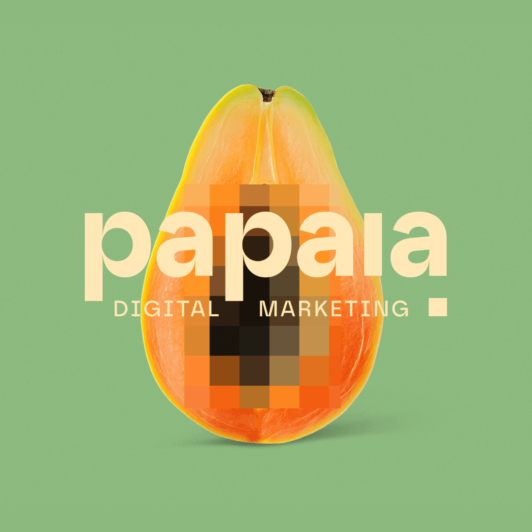 Papaia logo lockup: a papaya sliced in half, its seed cavity rendered as a pixel-glitch pattern, with the papaia · Digital Marketing wordmark over the photo