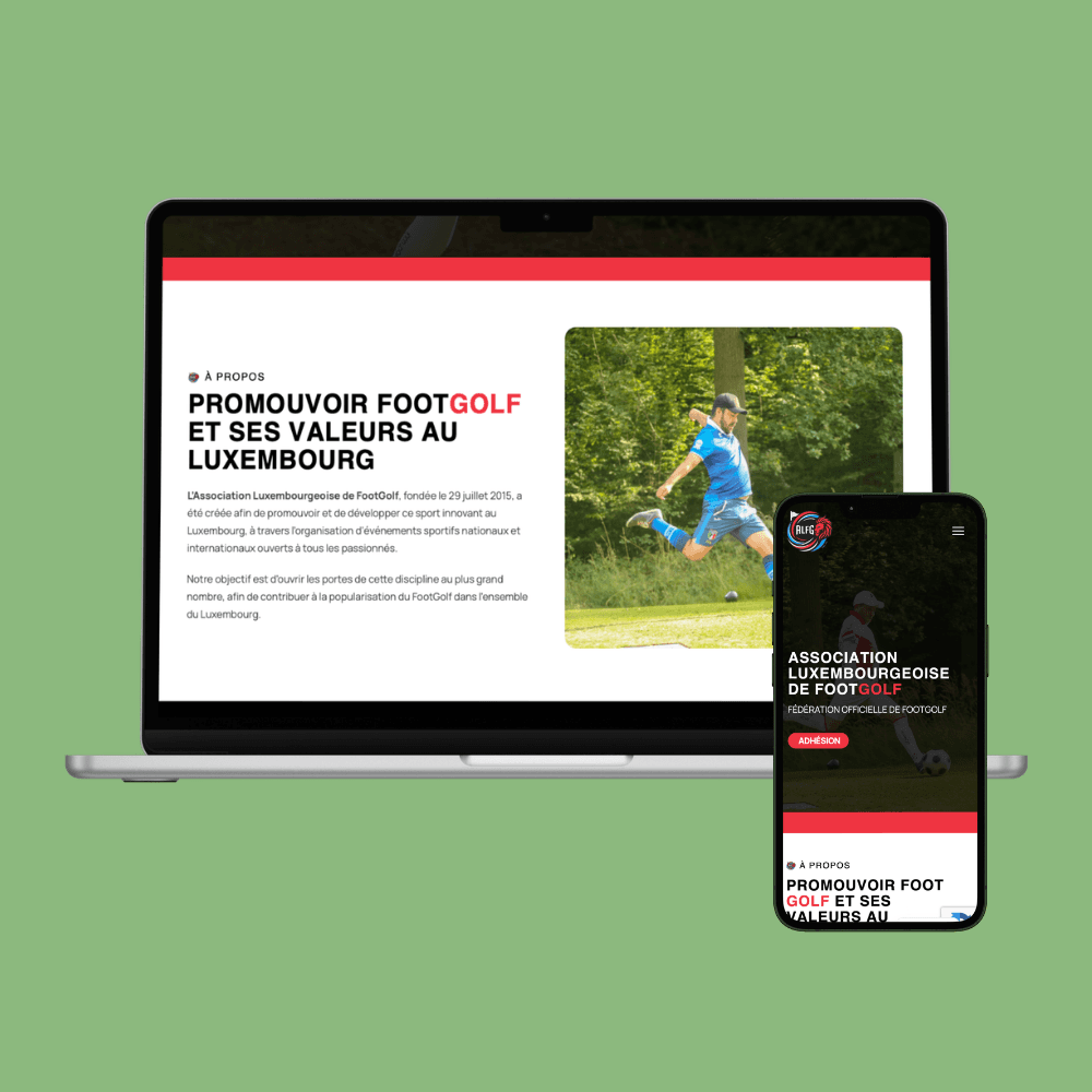 Association Luxembourgeoise de Footgolf website shown on laptop and phone