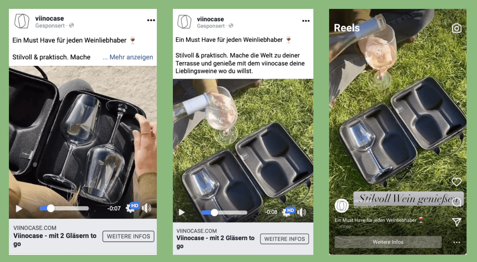 Viinocase Meta/Instagram ad posts: video preview, pour shot, and Reels format